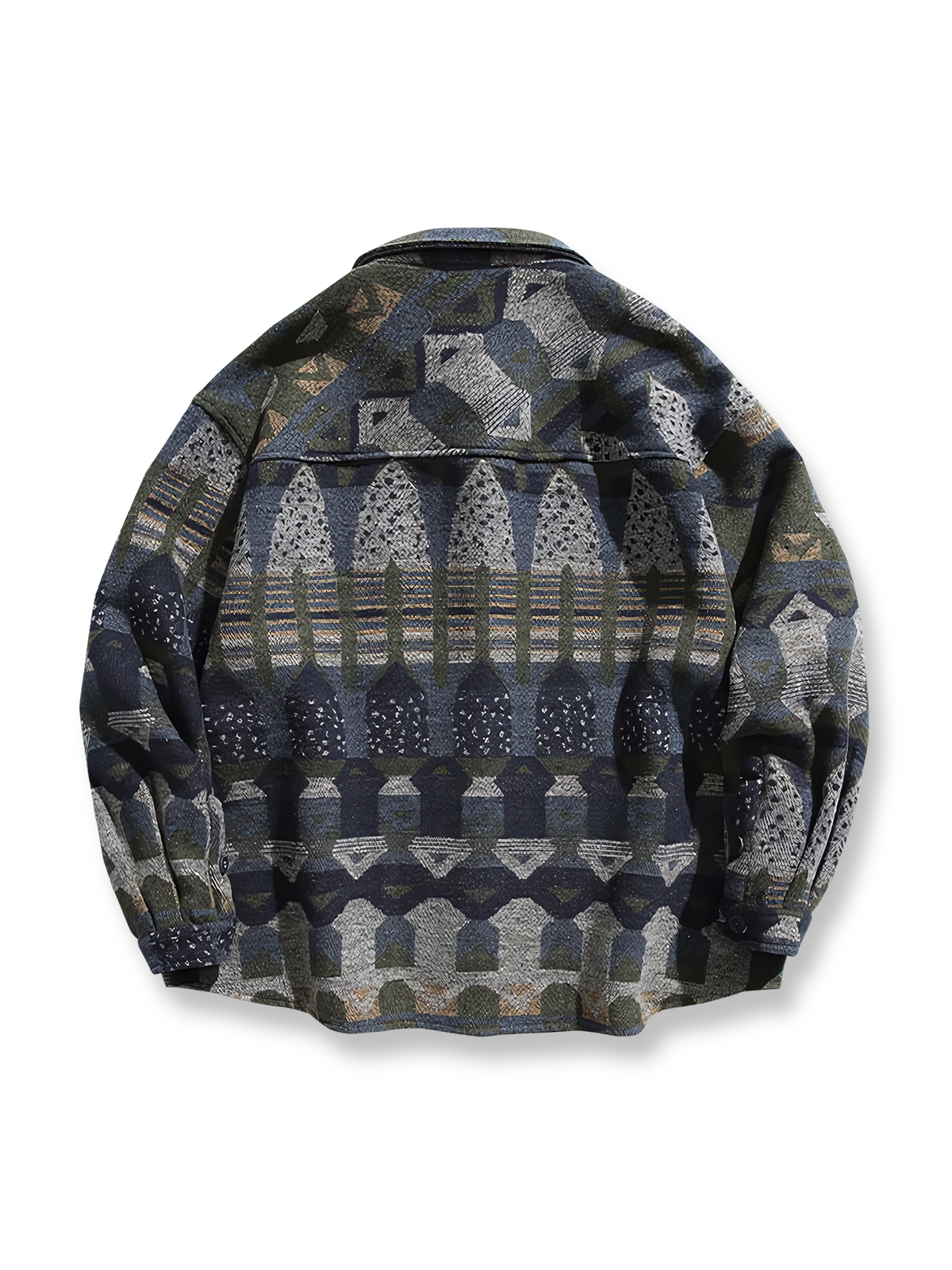 製品画像: ウール混 エスニック ジャカード編み 長袖シャツ。高級感漂うジャカード編みデザインと、柔らかさと保温性を備えたルーズフィットシャツの正面全体展示図。

詳細画像: 落ち着いたトーンのエスニック風ジャカード編みデザインと、丁寧に仕上げられたディテールのクローズアップ。