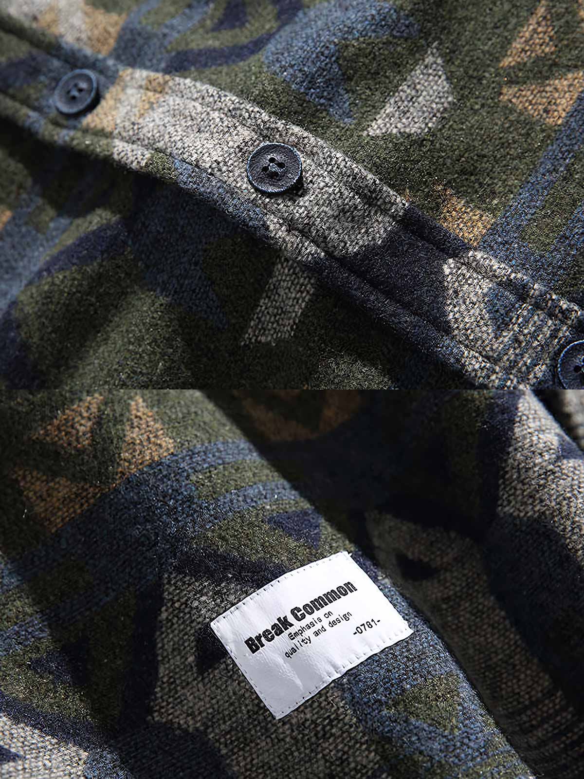 製品画像: ウール混 エスニック ジャカード編み 長袖シャツ。高級感漂うジャカード編みデザインと、柔らかさと保温性を備えたルーズフィットシャツの正面全体展示図。

詳細画像: 落ち着いたトーンのエスニック風ジャカード編みデザインと、丁寧に仕上げられたディテールのクローズアップ。