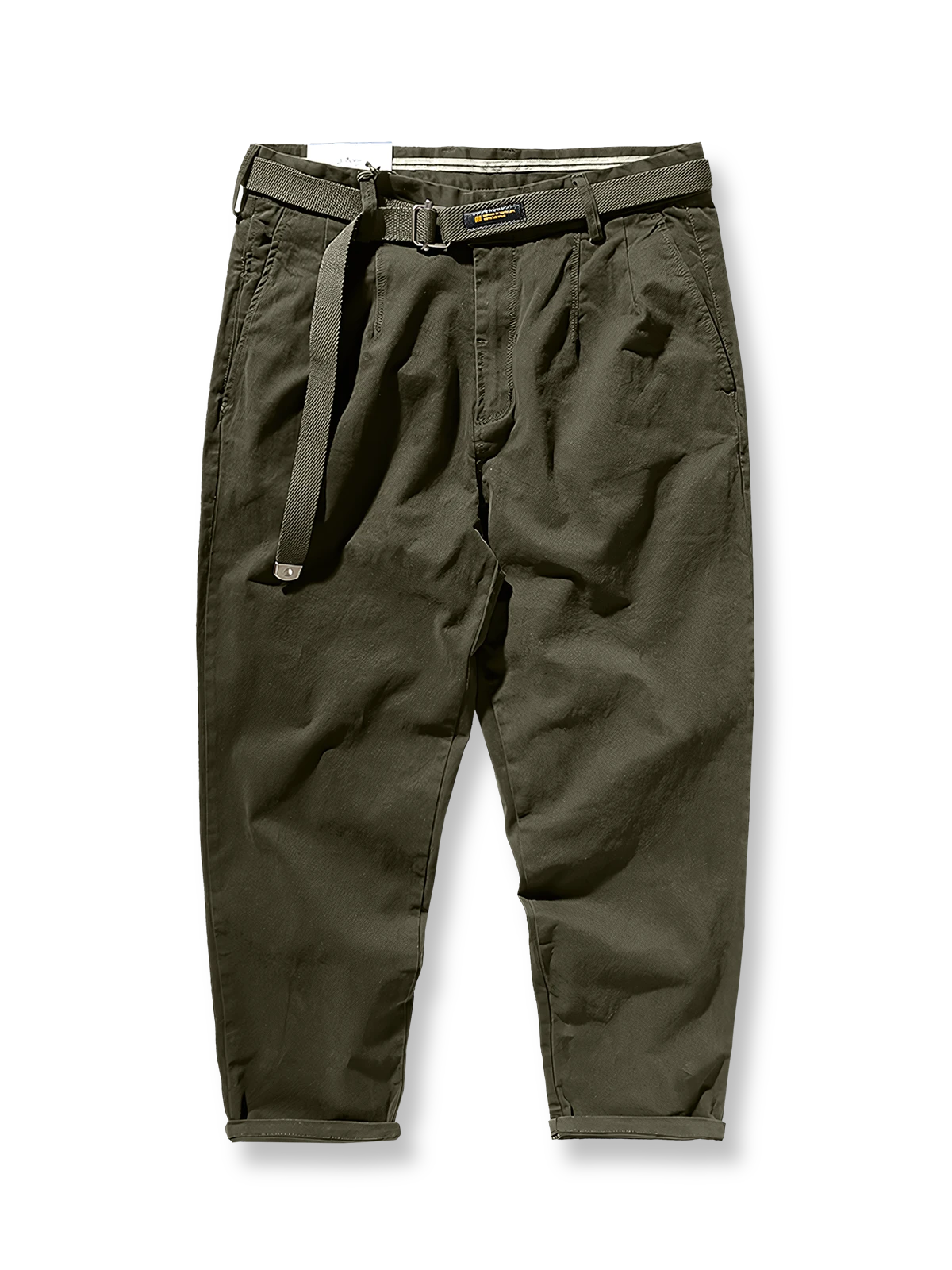 製品画像: ストレッチツイル9分丈テーパードパンツの正面展示画像、ウォッシュド加工で柔らかく快適な着心地を提供するカジュアルなデザイン。

詳細画像: 斜め織りのコットン生地とウォッシュド加工のディテール、ストレッチ素材で快適にフィットし、脚のラインをきれいに見せるテーパードシルエット。