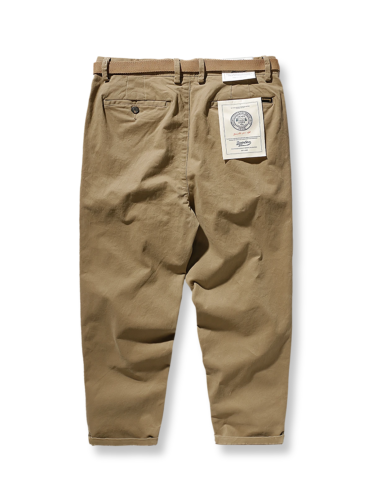 製品画像: ストレッチツイル9分丈テーパードパンツの正面展示画像、ウォッシュド加工で柔らかく快適な着心地を提供するカジュアルなデザイン。

詳細画像: 斜め織りのコットン生地とウォッシュド加工のディテール、ストレッチ素材で快適にフィットし、脚のラインをきれいに見せるテーパードシルエット。