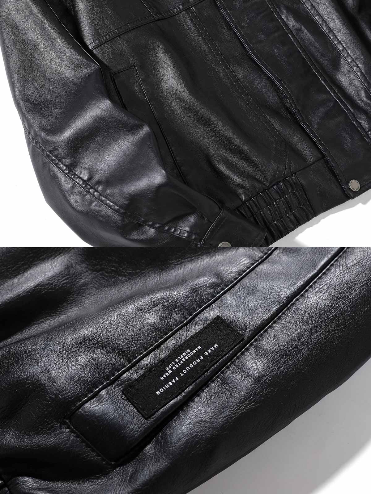 製品画像：
クラシックな3本ラインデザインの高級PUレザージャケット。ミラードデザインと柔らかな手触りのPUレザーを使用し、現代的でファッショナブルな雰囲気を演出。エラスティックデザインの袖口と裾で防風性も高め、秋冬シーズンに最適。

詳細画像：
高級PUレザーのジャケット、3本ラインデザインで現代的なスタイルに。肩部分の滑らかなカッティングとゆったりシルエットが、カジュアルで快適な着心地を提供。袖口と裾のエラスティックデザインが防風性を向上。