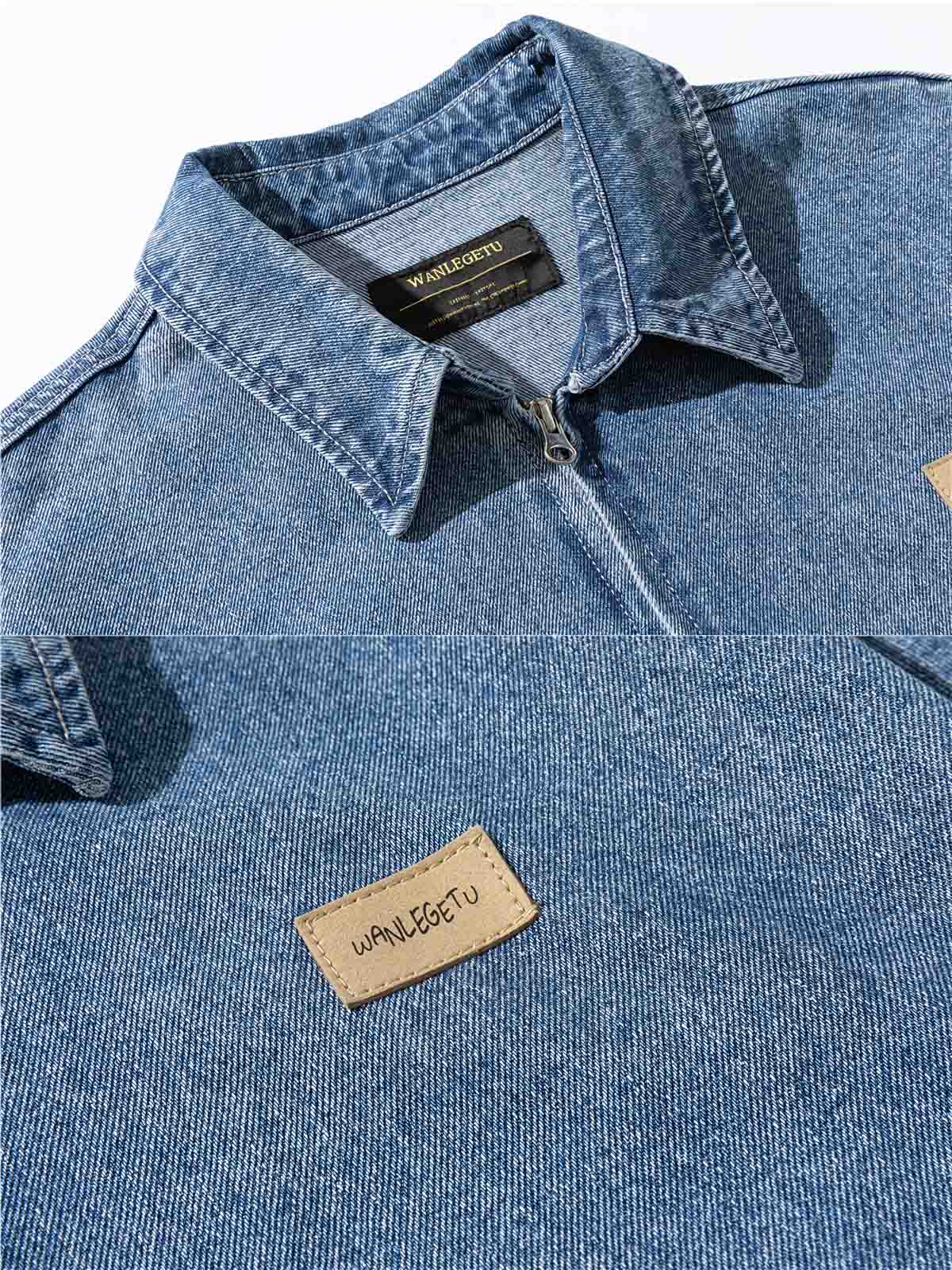 デニムジャケットの水洗い加工によるナチュラルな風合いのクローズアップ。クラシックなデザインがどんなスタイルにも合わせやすい。