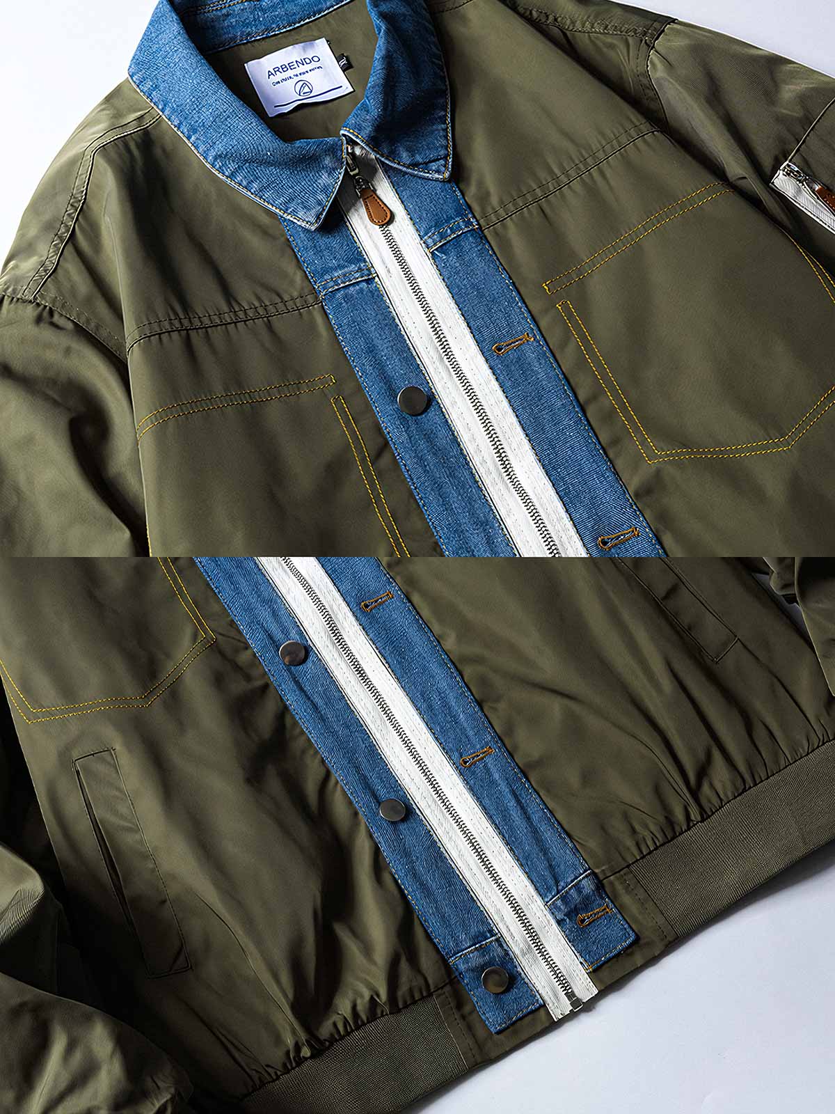 製品画像：
フライトジャケットとデニムの要素を融合したパッチワークデザイン。クラシックなフライトジャケットのカッティングに、デニム素材のラペルと前立てを組み合わせ、個性的で鮮明なレイヤード感を演出。耐久性のある素材で仕立てられ、秋冬シーズンに適した防風性を持つ多用途ジャケット。

詳細画像：
デニムとフライトジャケットを融合させたユニークなパッチワークデザイン。伸縮性のある袖口と裾で快適な着心地を提供し、機能的なポケットが実用性を兼ね備える。耐久性のある表地で、風を防ぎつつ、秋冬の季節に最適。
