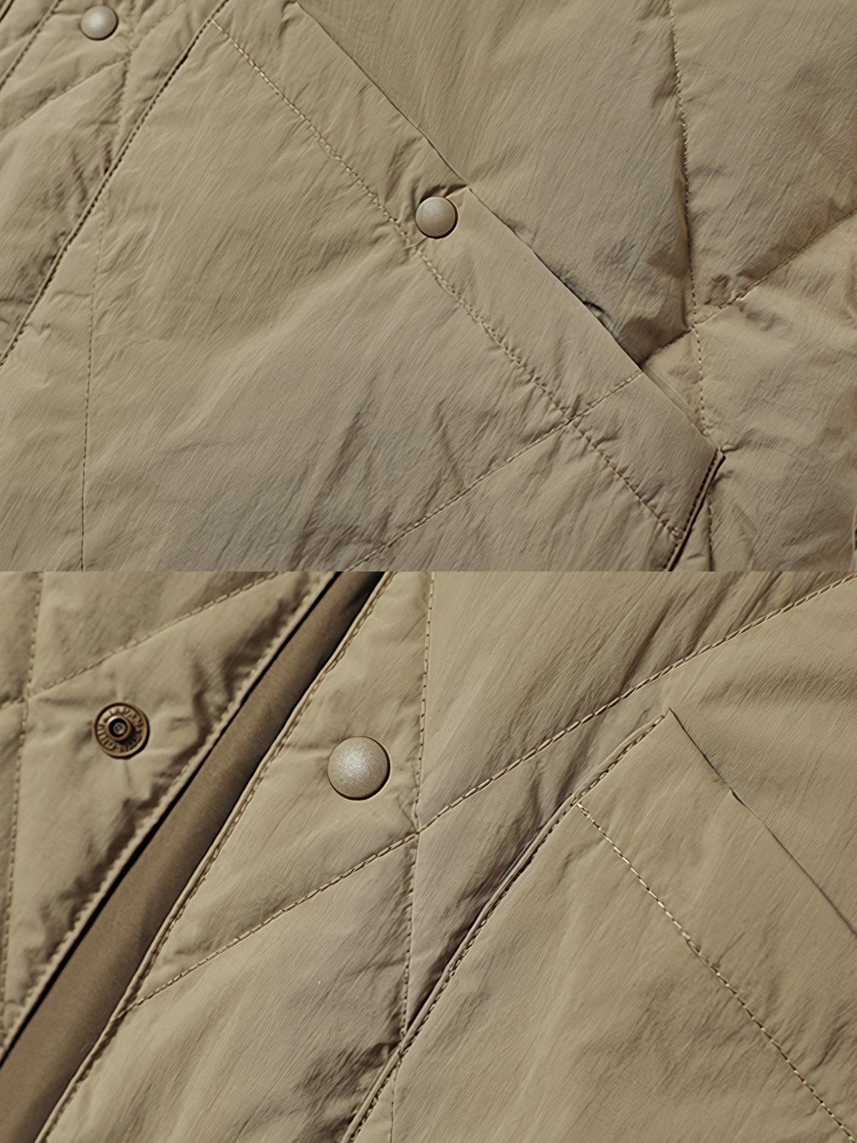 製品画像: 撥水加工ダイヤキルティングダウンベスト全体展示 - 防水機能があり、90%ホワイトダックダウンを使用した高品質ダウンベスト。

詳細画像: ダイヤキルティングデザインと撥水加工素材のディテール展示 - 冬のアウターに最適なスタイリッシュなデザイン。