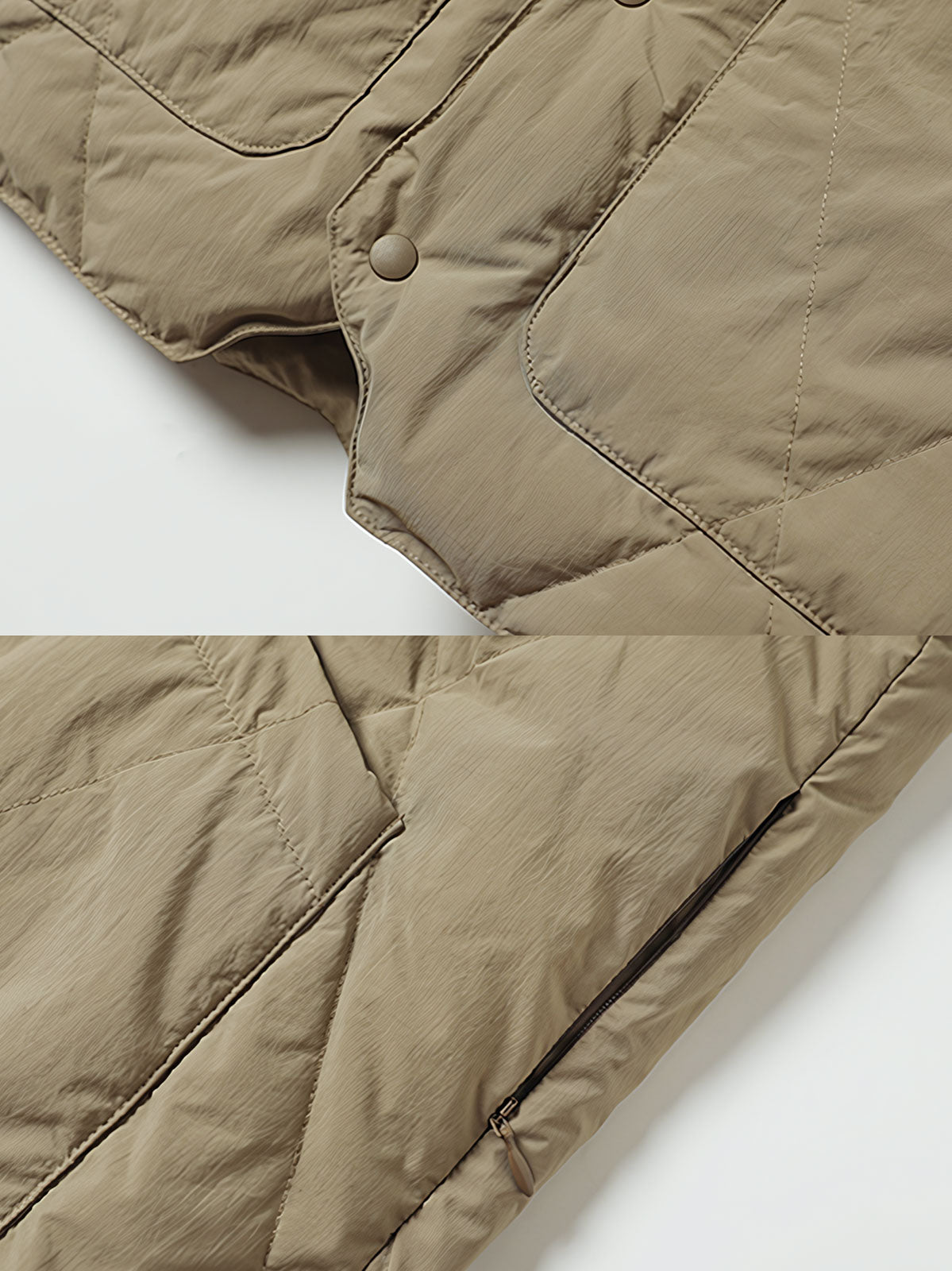 製品画像: 撥水加工ダイヤキルティングダウンベスト全体展示 - 防水機能があり、90%ホワイトダックダウンを使用した高品質ダウンベスト。

詳細画像: ダイヤキルティングデザインと撥水加工素材のディテール展示 - 冬のアウターに最適なスタイリッシュなデザイン。