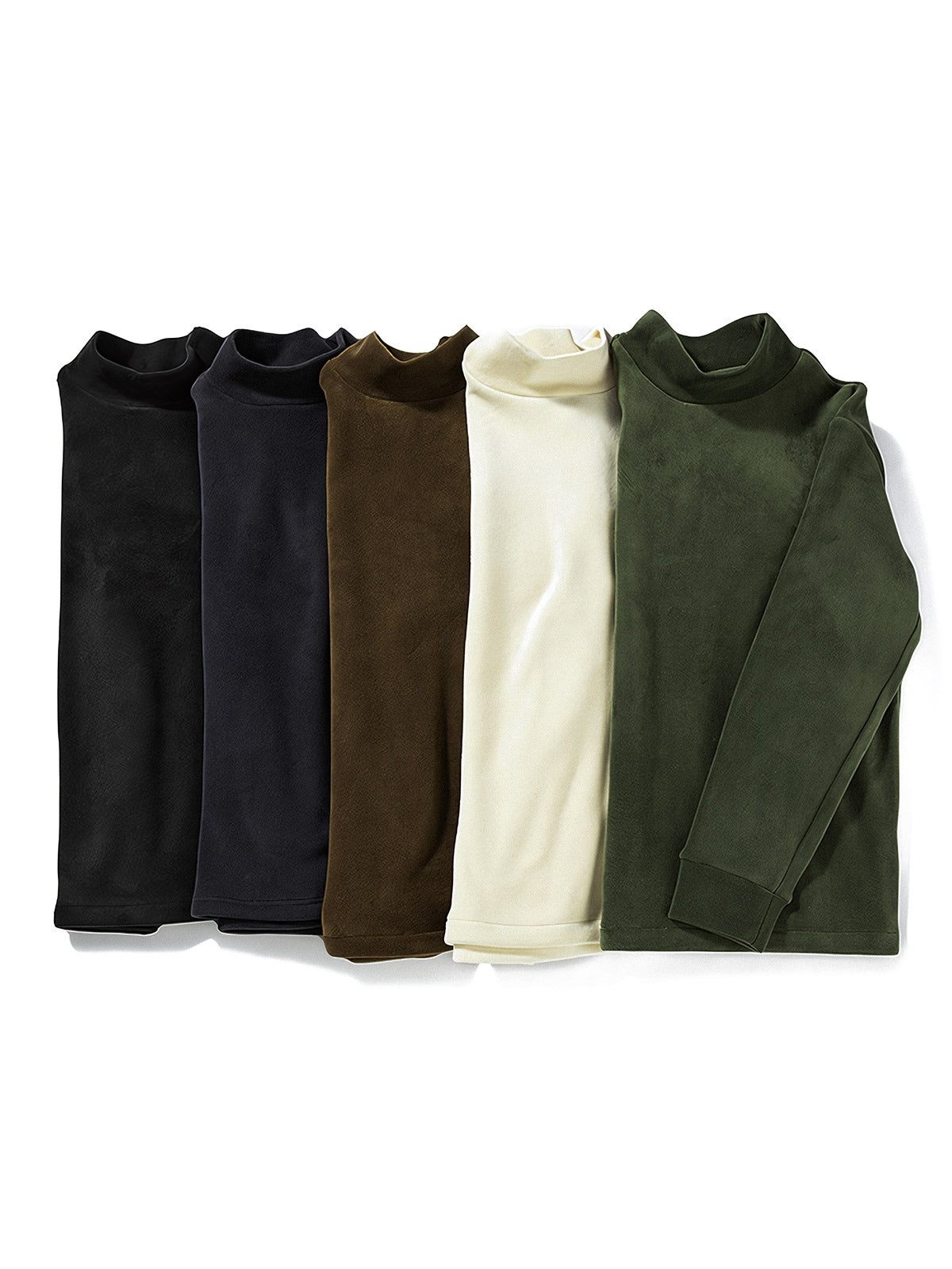 製品画像：
フリース素材を使用したモックネックスウェット。5色展開で、柔らかな手触りと優れた保温性が特徴。厚手でありながら、着心地は快適で、レイヤードスタイルにも最適なデザイン。

詳細画像：
中厚のフリース素材を採用し、伸縮性に優れたモックネックスウェット。防風性と保温性を兼ね備え、ルーズフィットのシルエットで快適な着心地。ポリエステル94.6%とスパンデックス5.4%の配合により、柔軟で動きやすい。