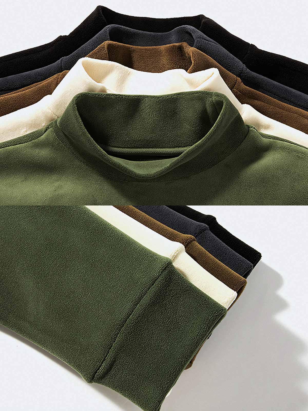 製品画像：
フリース素材を使用したモックネックスウェット。5色展開で、柔らかな手触りと優れた保温性が特徴。厚手でありながら、着心地は快適で、レイヤードスタイルにも最適なデザイン。

詳細画像：
中厚のフリース素材を採用し、伸縮性に優れたモックネックスウェット。防風性と保温性を兼ね備え、ルーズフィットのシルエットで快適な着心地。ポリエステル94.6%とスパンデックス5.4%の配合により、柔軟で動きやすい。