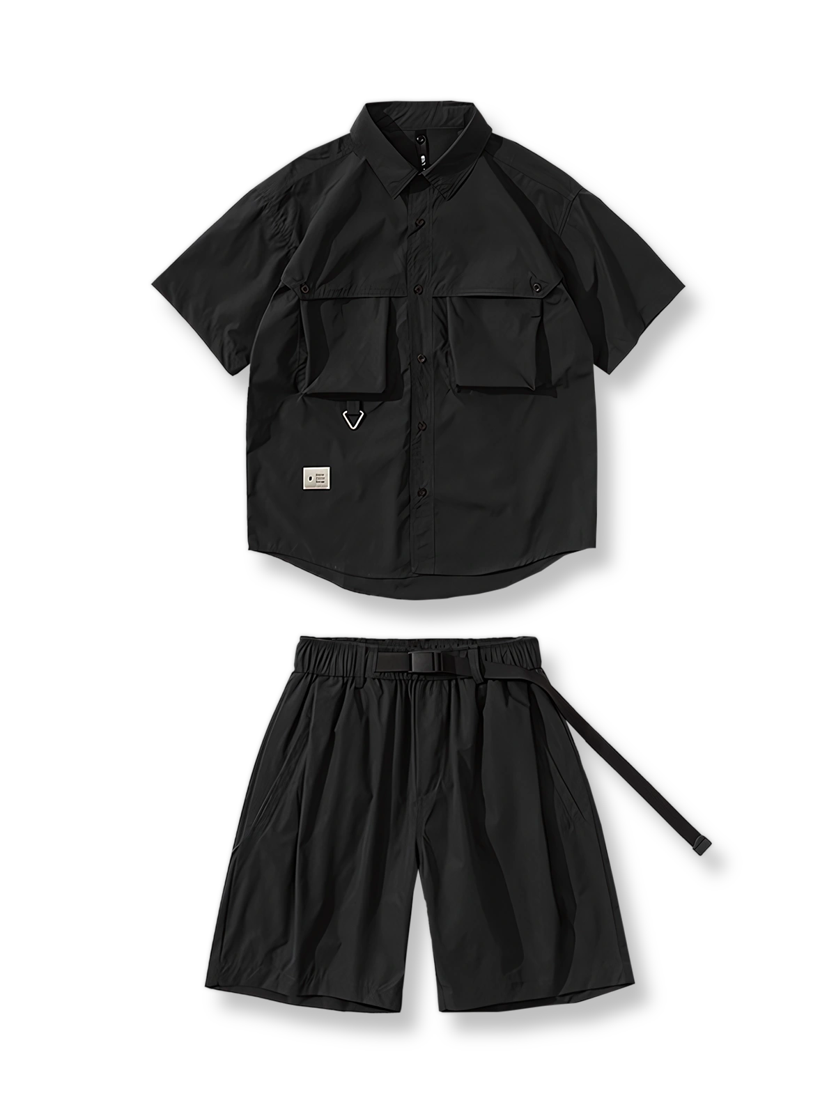 ブルーのワークスタイル機能的半袖ショーツセットの正面展示