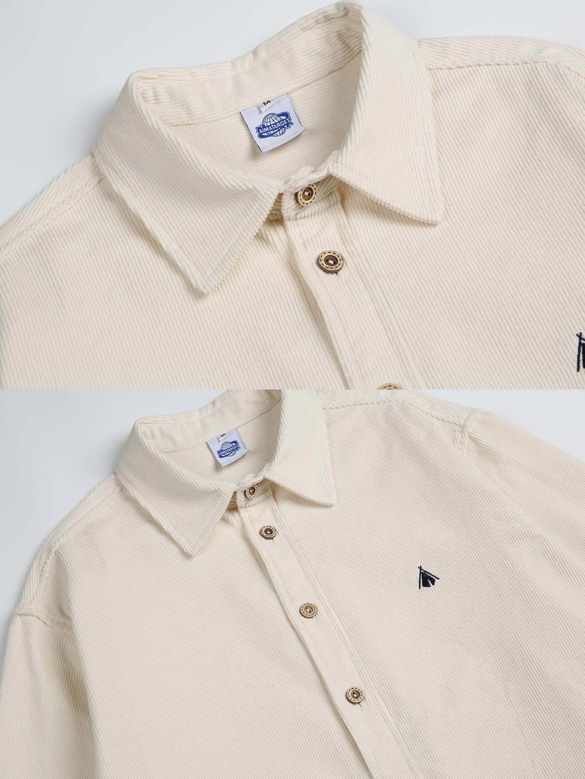 製品画像
ウォッシュ加工が施されたヴィンテージ感あふれるシャツ全体図。柔らかな生地の質感とココナッツ製ボタンの自然な風合いが際立つデザインで、ネイティブアメリカンのトーテム刺繍がアクセント

詳細画像
天然のココナッツ製ボタンと、背面に丁寧に施されたインディアンテントモチーフのトーテム刺繍のディテール。ウォッシュ加工による独特のヴィンテージ感と、18針/3cmの高密度縫製が美しい仕上がりを実現