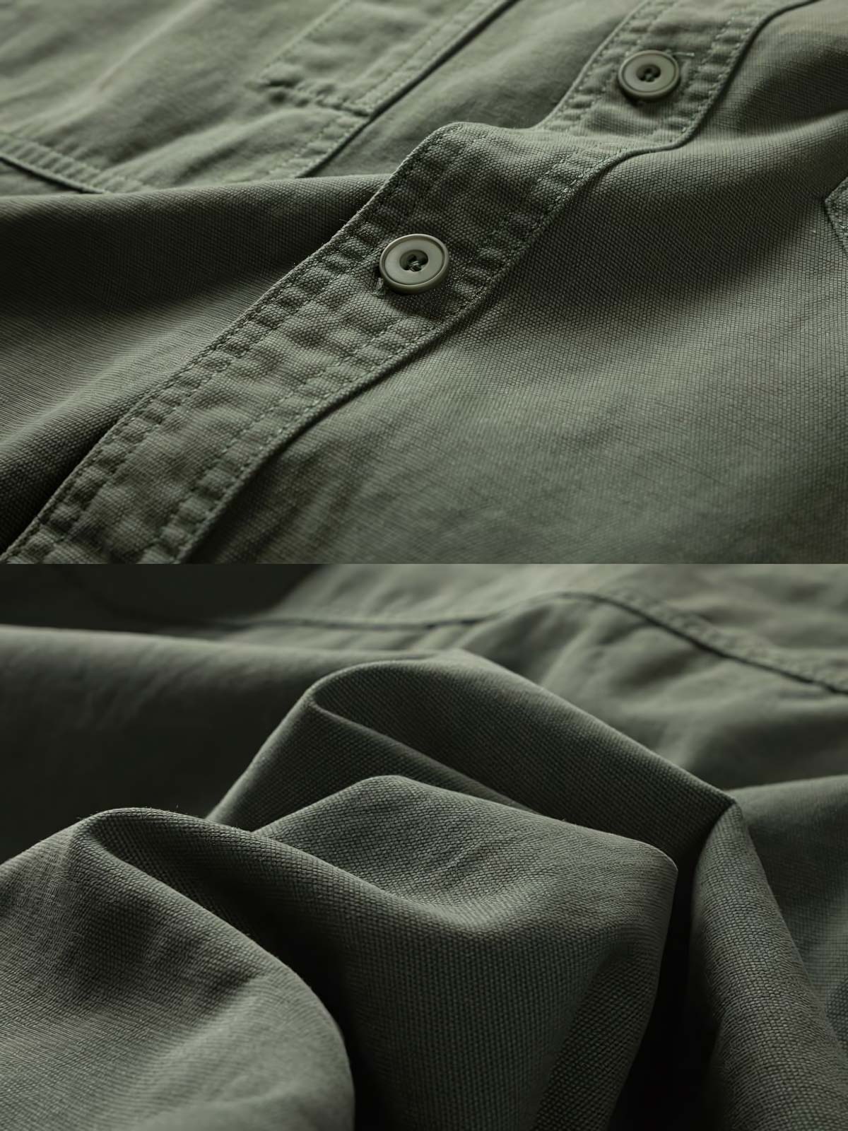 詳細画像: シャツの開襟とフラップポケットのディテール