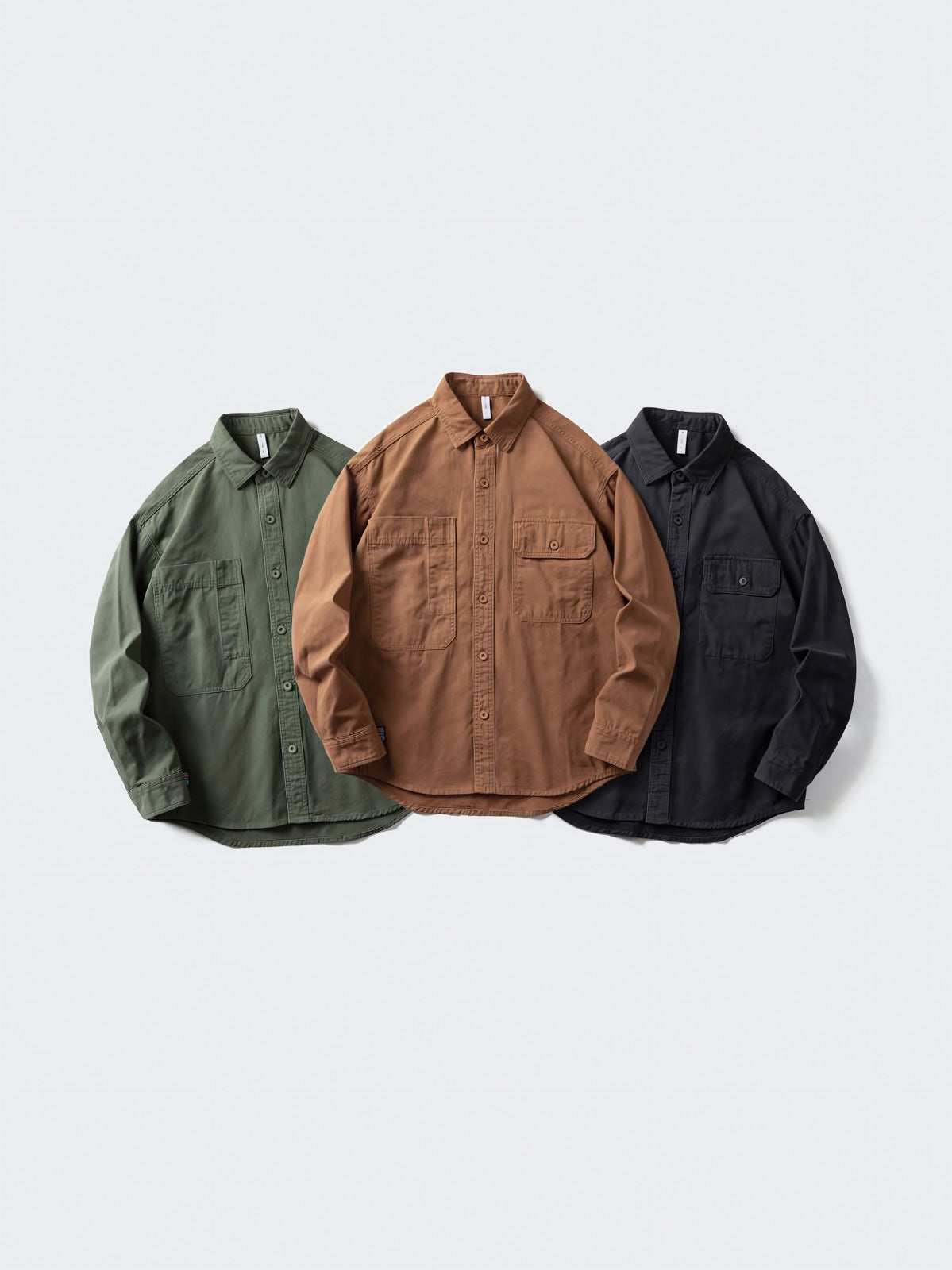 製品画像: 無地の開襟長袖ワークシャツ全体図、異なる色の展開