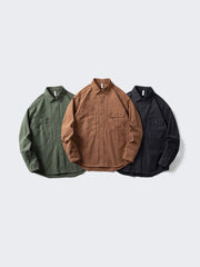 製品画像: 無地の開襟長袖ワークシャツ全体図、異なる色の展開