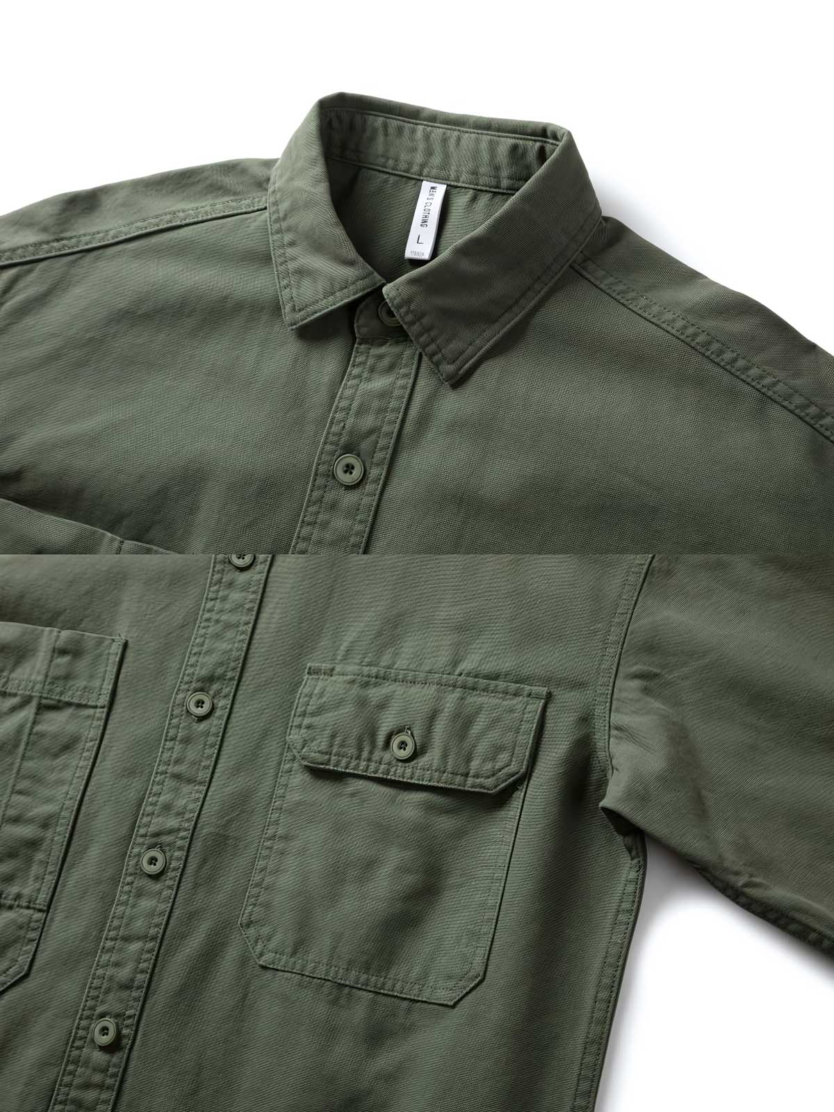 詳細画像: シャツの開襟とフラップポケットのディテール