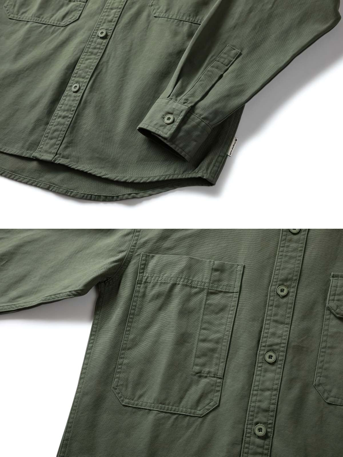 詳細画像: シャツの開襟とフラップポケットのディテール