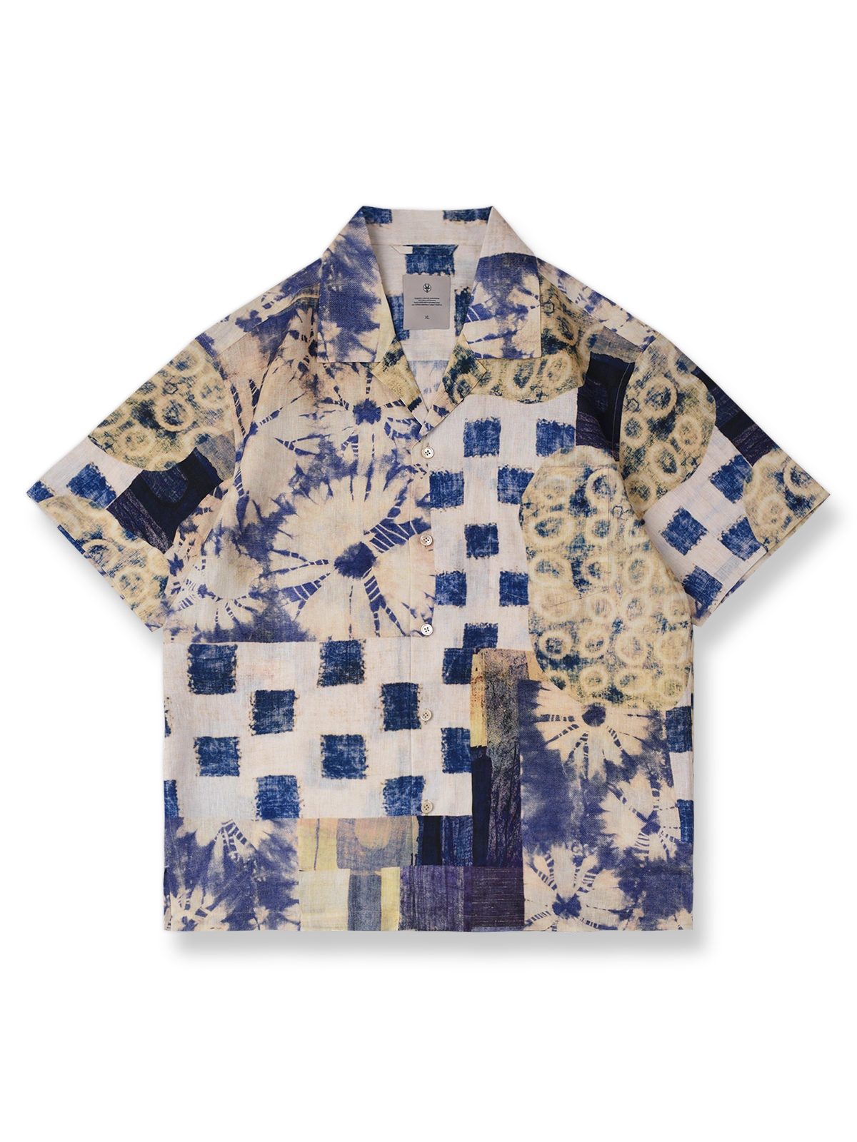 和風ヴィンテージパッチワークプリントリネンシャツの正面図