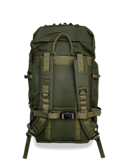 製品画像: ナイロン素材アウトドア登山用バックパックのフロント全体画像
詳細画像: 調整ベルトとトップのドローストリングデザインの詳細画像