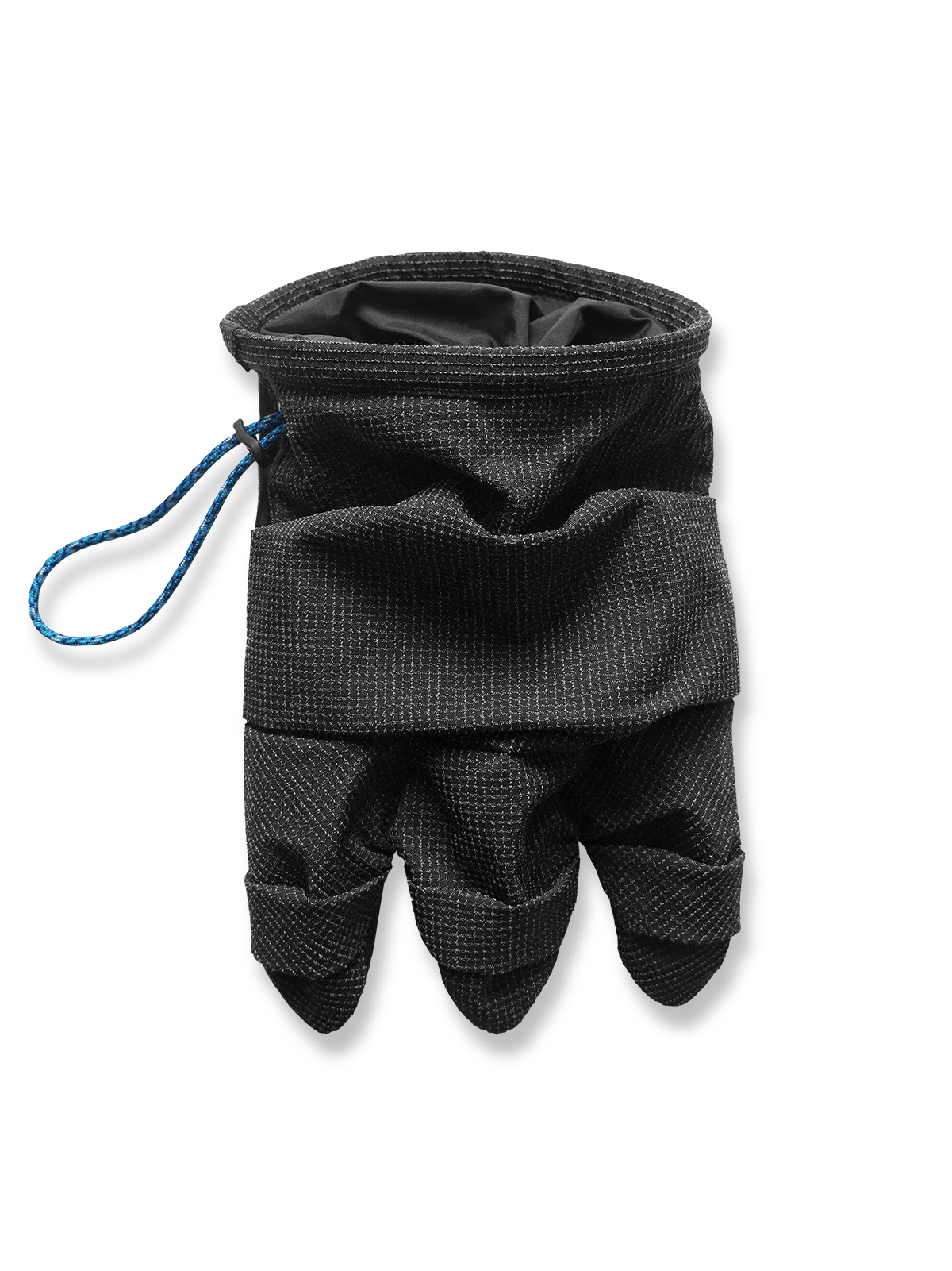 製品画像：悪龍の爪にインスパイアされた怪獣風デザインのアウトドア用ベルトバッグ。高密度ナイロンとカーフレザー素材で、耐久性と防水性を兼ね備え、クライミングやサイクリングに最適。

詳細画像：怪獣風ベルトバッグのドローストリング開閉部とカーフレザーの補強部分。高密度ナイロンとカーフレザーの素材感を強調し、耐久性の高いアウトドア仕様。