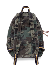 製品画像：ミリタリー風 グラフィティプリント ヴィンテージキャンバスバックパックの正面画像です。個性が際立つデザインです。

詳細画像：バックパックのフロント部分の詳細画像です。グラフィティプリントとダブルレイヤーキャンバス素材の質感が特徴です。