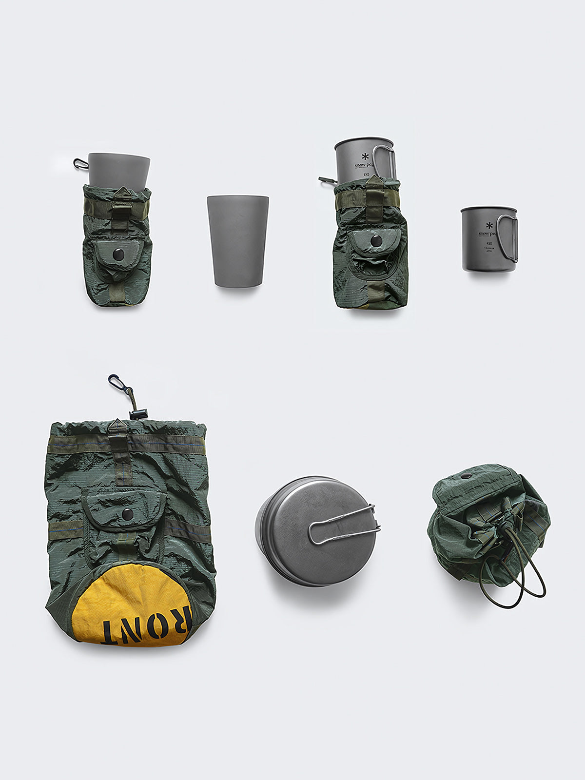 製品画像：リメイク軽量メッシュナイロン アウトドア収納バッグの正面画像です。機能的かつ軽量なデザインが特長です。

詳細画像：収納バッグのスナップポケットとドローストリング部分の詳細画像です。小物収納と素早い取り出しが可能なデザインです。