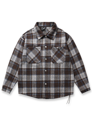 製品画像: 冬の防寒にも適したレッド系チェック柄の厚手ウール混シャツ全体像、クラシックなデザインが魅力。
詳細画像: 高い保温性を誇る厚手ウール混素材と、現代的なループディテールをクローズアップ。