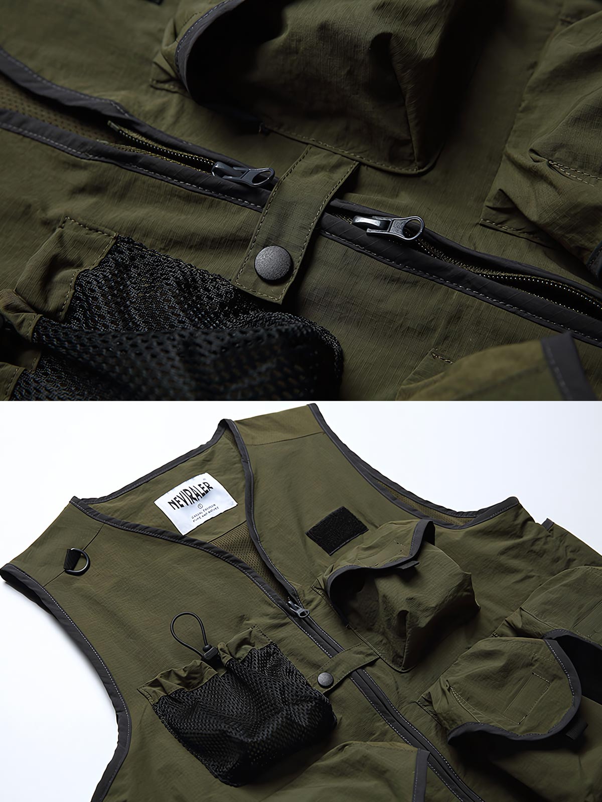 製品画像
「渓流釣り用の多機能撥水ベストの全体展示図。100%ナイロン素材を使用し、優れた撥水機能と高い耐久性を兼ね備え、さまざまなアウトドア環境に対応できるデザインが特徴。多ポケットデザインで、必要な装備を簡単に収納できる便利さを提供します。」

詳細画像
「ベストの多ポケットディテールと撥水性能を示す特写。収納力に優れたポケットと、撥水機能がしっかりと組み込まれ、渓流釣りやその他のアウトドア活動で快適に使用できる仕様です。」
