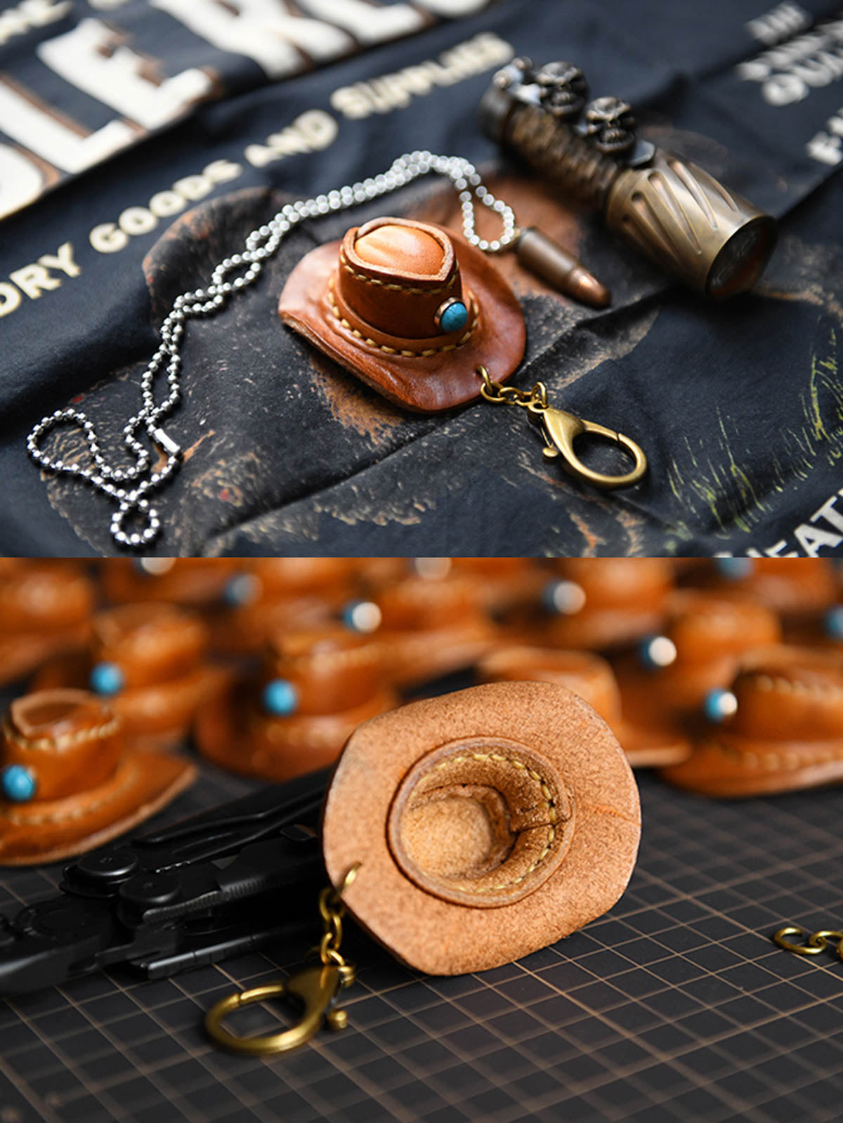 ハンドメイドレザーミニカウボーイハットキーホルダーの詳細図