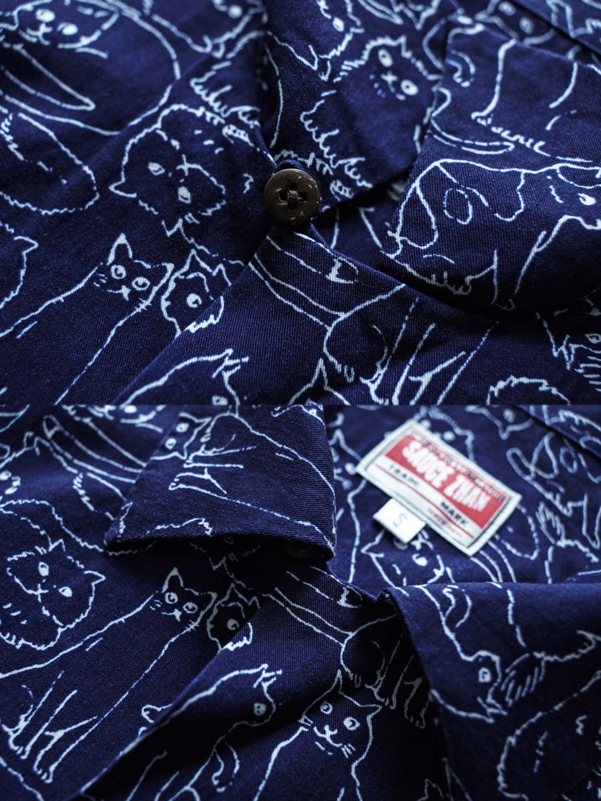 詳細画像: 手描き風の猫柄とココナッツシェルのボタンの詳細展示