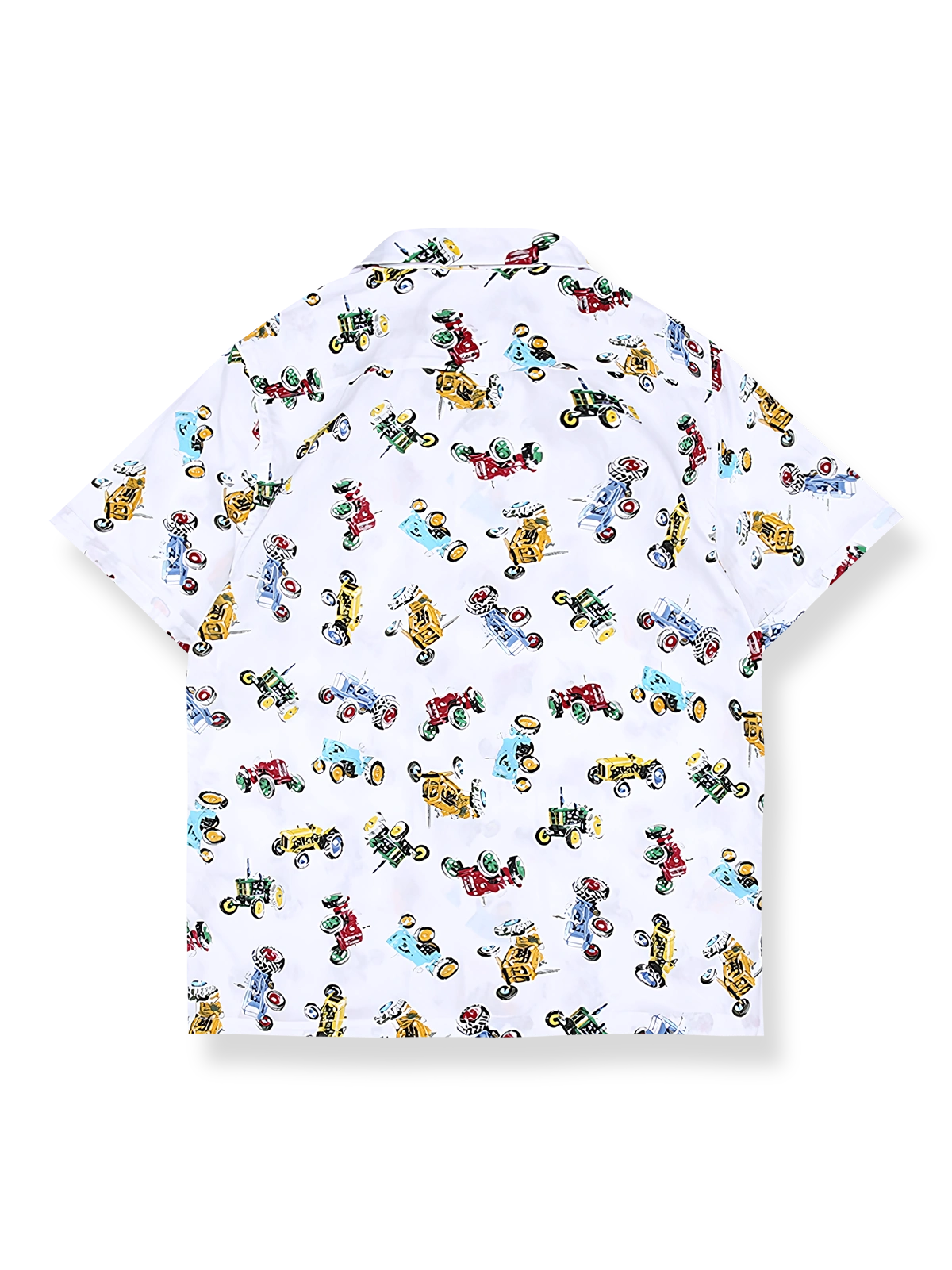 製品画像: レトロなトラクタープリントのハワイアンシャツ反面