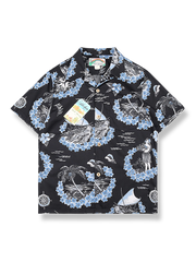 製品画像: 小島民族風とハイビスカス柄のハワイアン半袖シャツ全体像