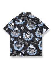 製品画像: 小島民族風とハイビスカス柄のハワイアン半袖シャツ全体像