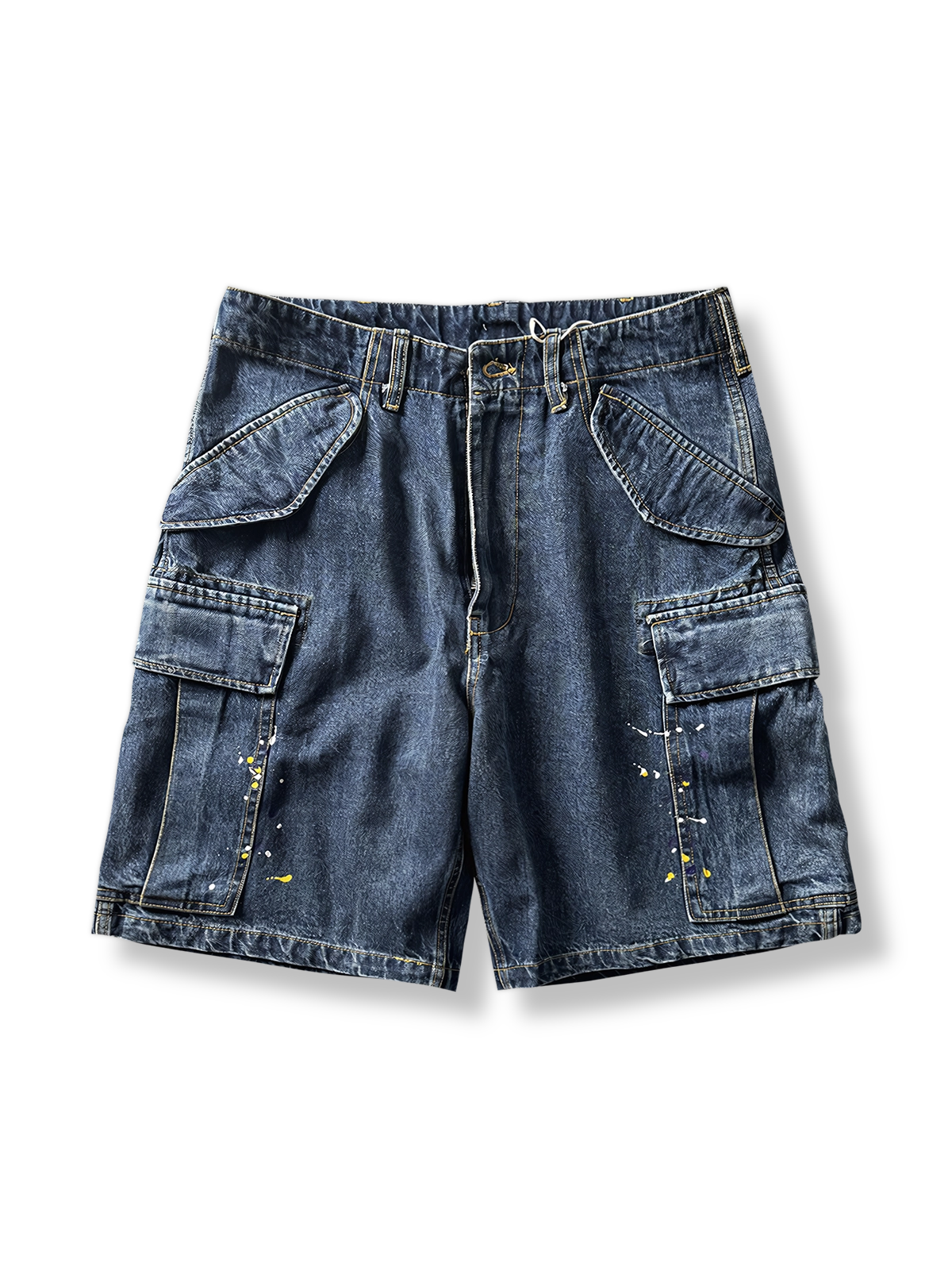 PESSOA CLUBペイントデザインヘビーオンスデニムワークショーツ全体図