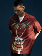 ヤシの木とウイスキーグラスプリント ハワイアンシャツ