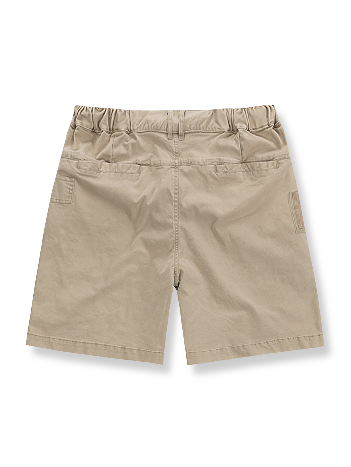 : パッチワークスタイルワークショーツの詳細画像。YKK金具とツイル生地を表示。