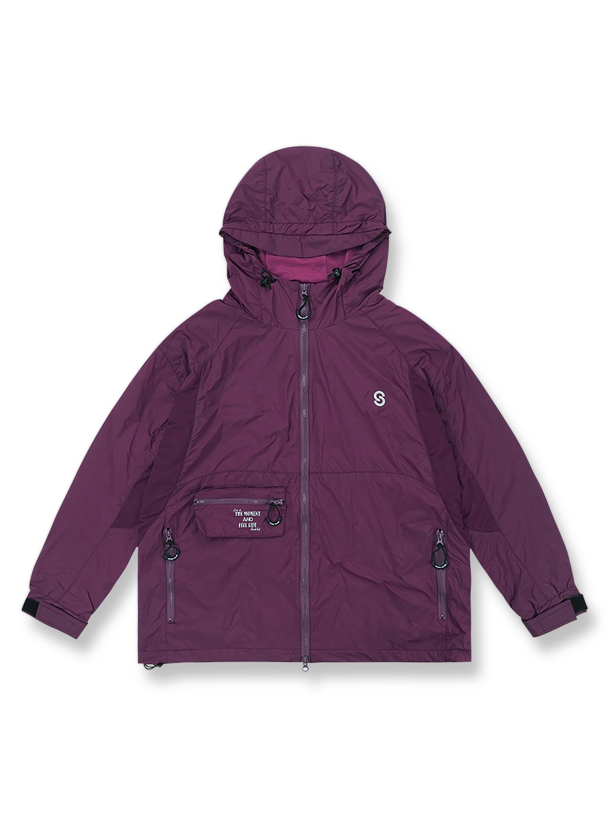 軽量多ポケットフード付きUVカットジャケットの正面図、軽量デザインと多ポケットを示す