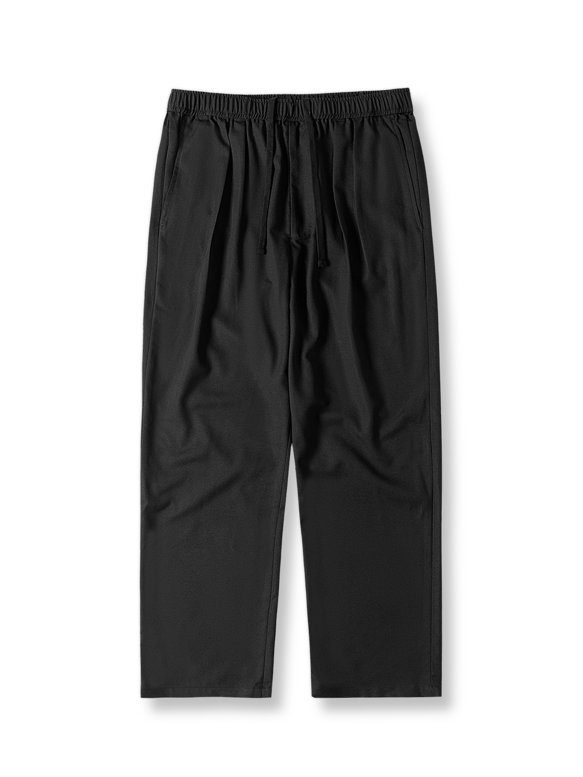 製品画像: カジュアルパンツ全体像、ドローストリングとルーズフィットデザインを示す。