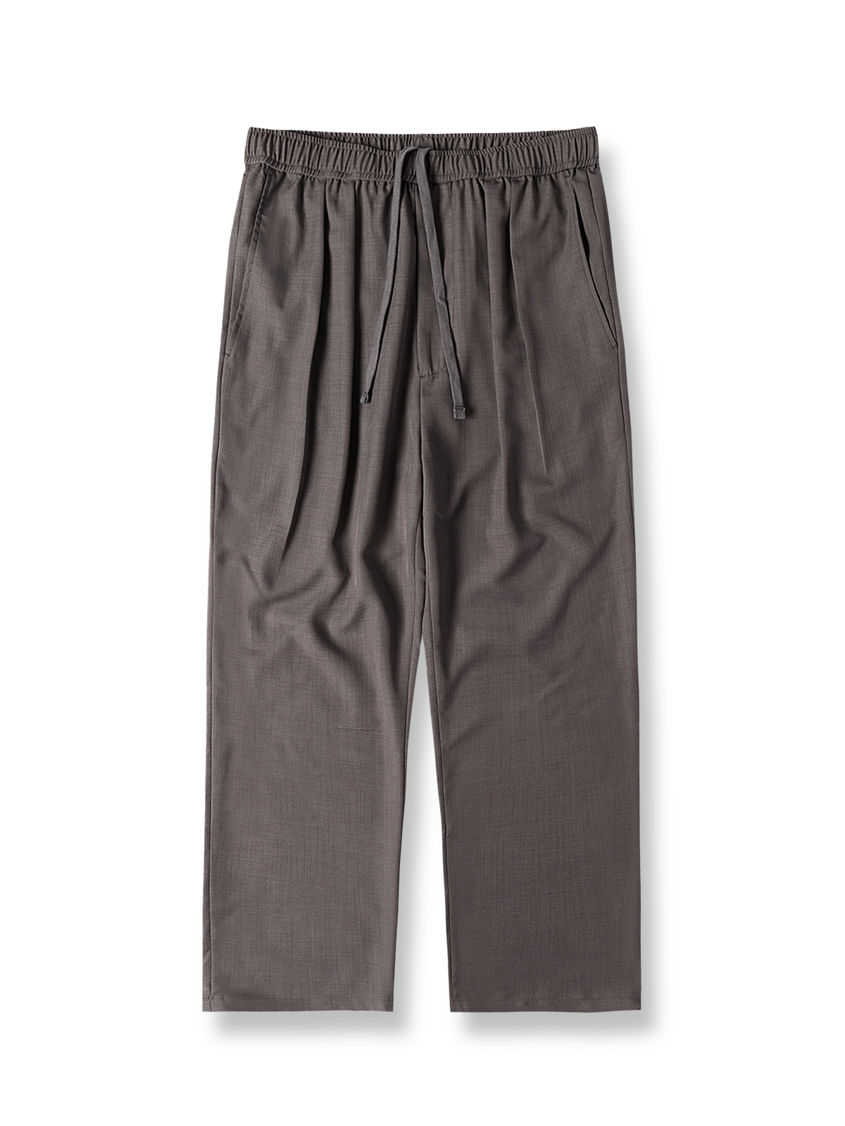 製品画像: カジュアルパンツ全体像、ドローストリングとルーズフィットデザインを示す。