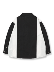 製品画像: 切り替えストライプ長袖シャツの全体像、クラシックな黒と白の配色と精緻な刺繍を表示。