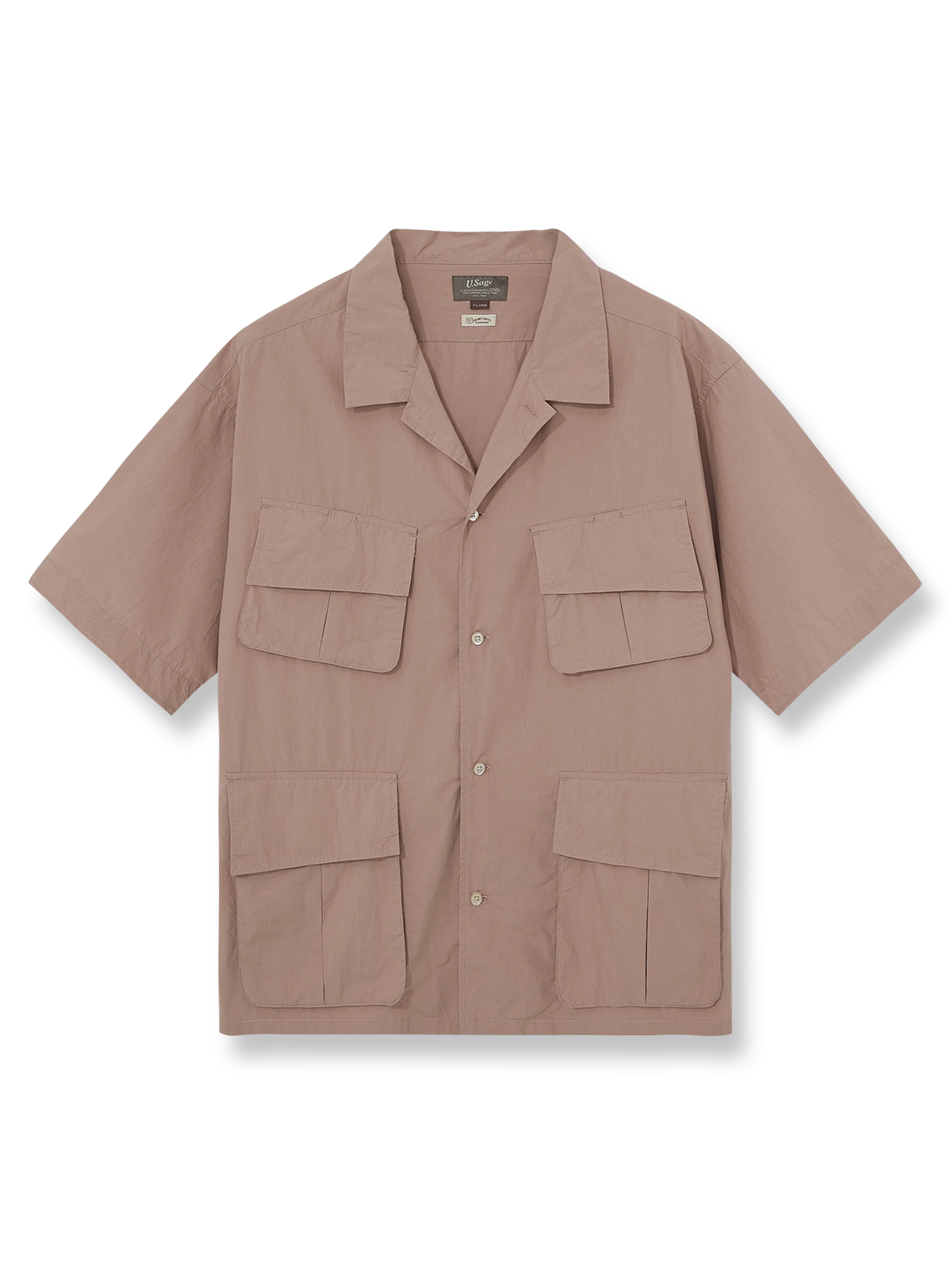 高支綿のジャングル四つポケット半袖シャツ全体展示、斜めポケットデザインと滑らかな素材感を示す。