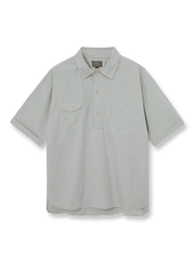 ブルー＆ホワイト細チェック半袖ワークシャツ全体展示、細かいチェックデザインとルーズフィットを紹介。