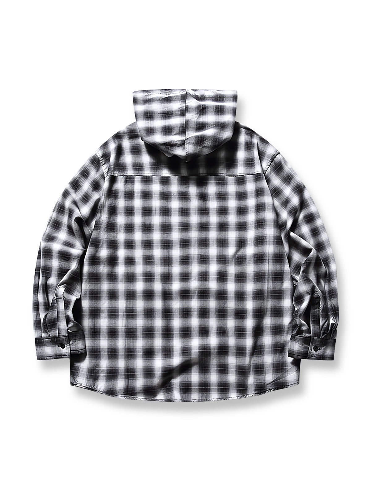 製品画像: ヴィンテージチェック ドローストリングフードジャケットのフロント展示 詳細画像: フードとドローストリングのディテール展示