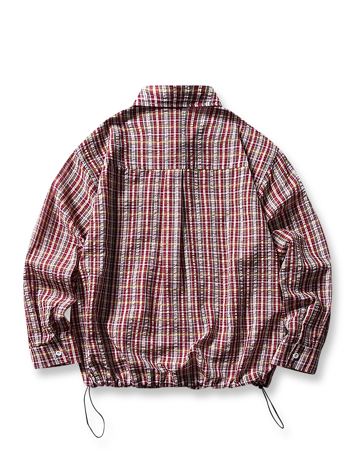 製品画像: ワイドフィットでドローストリング付きのチェックシャツの正面全体画像
詳細画像: チェックシャツの胸ポケットとドローストリングのディテール画像