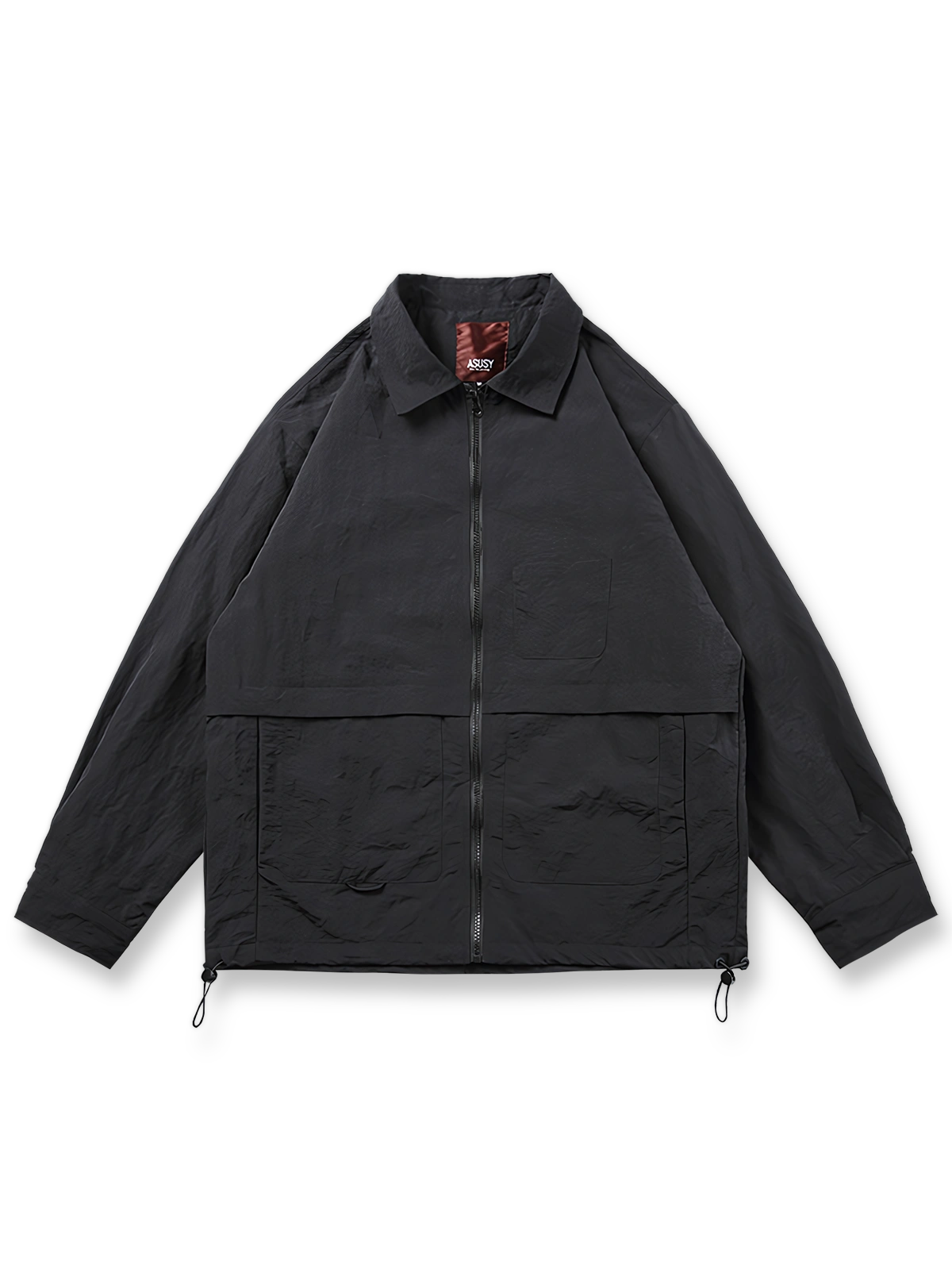 カーキ色の立体多ポケット襟付きジャケットの正面展示