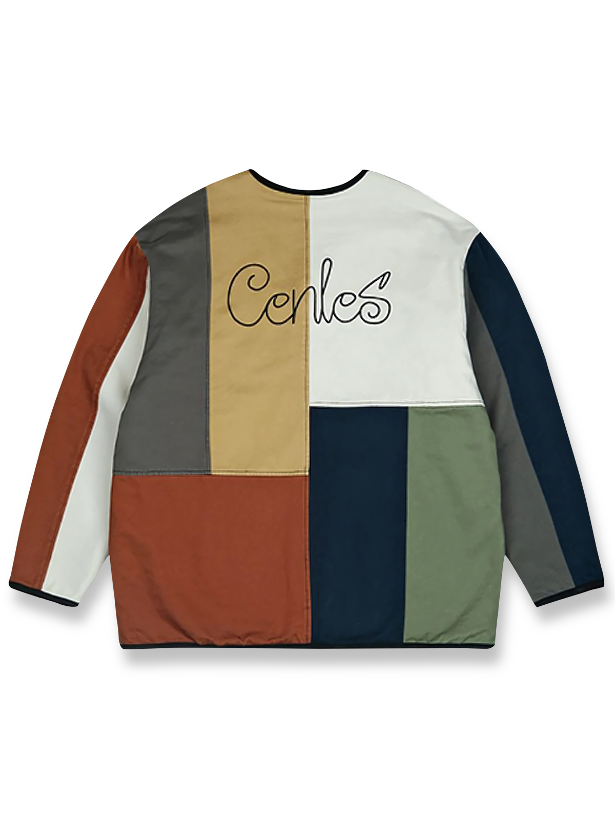 製品画像: パッチワークリバーシブルジャケットの反面展示、両面の異なるスタイルを紹介