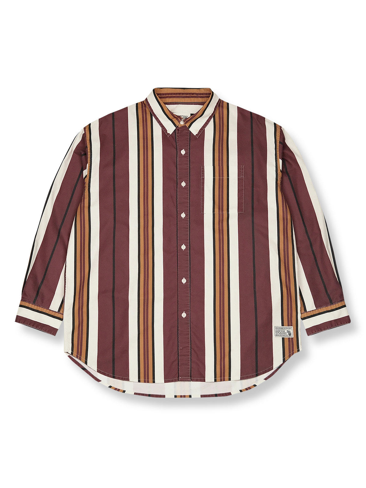 製品画像: ヴィンテージ加工ストライプ長袖シャツの全体展示、クラシックなストライプデザインを強調