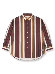 製品画像: ヴィンテージ加工ストライプ長袖シャツの全体展示、クラシックなストライプデザインを強調