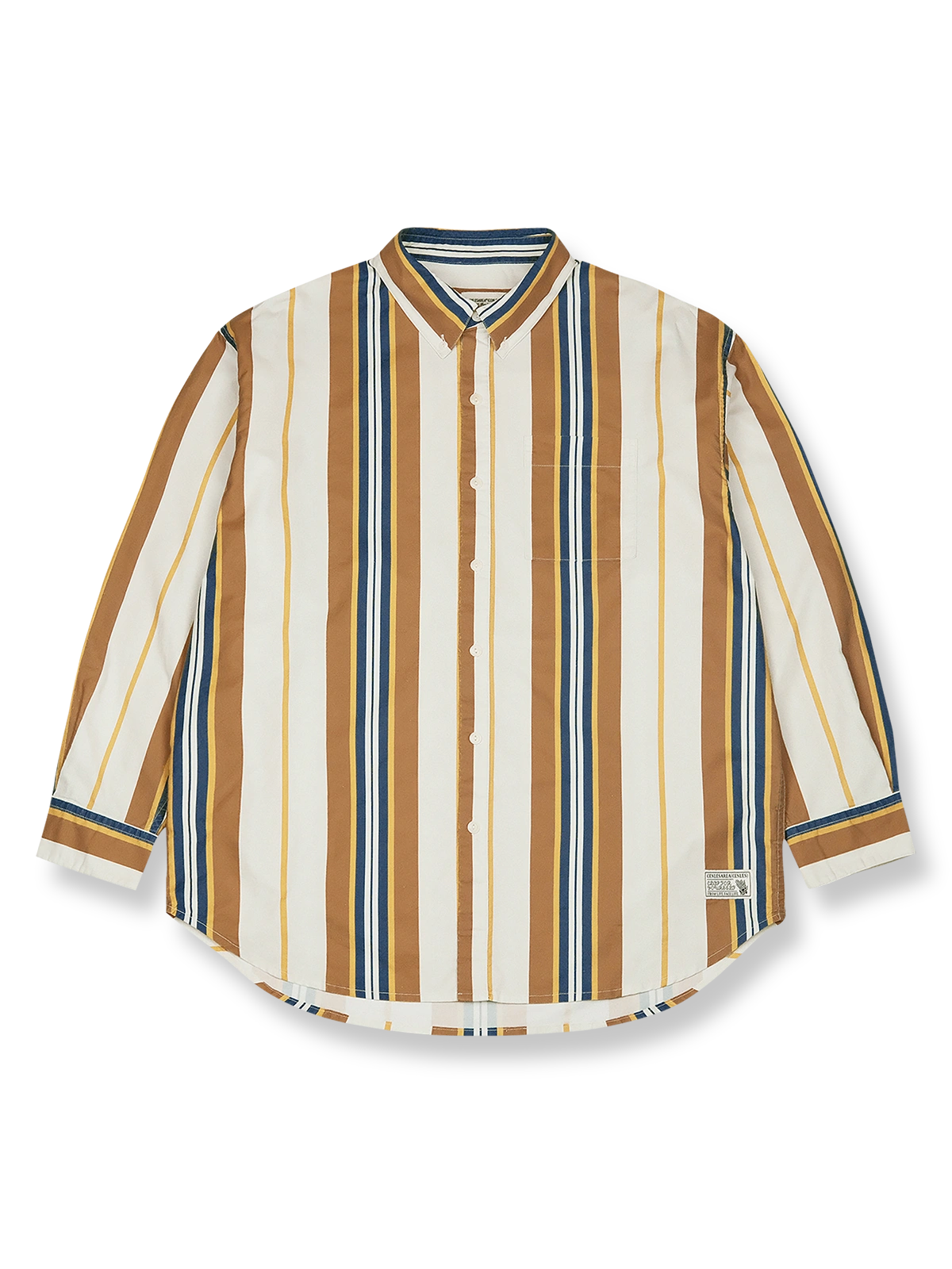 製品画像: ヴィンテージ加工ストライプ長袖シャツの全体展示、クラシックなストライプデザインを強調