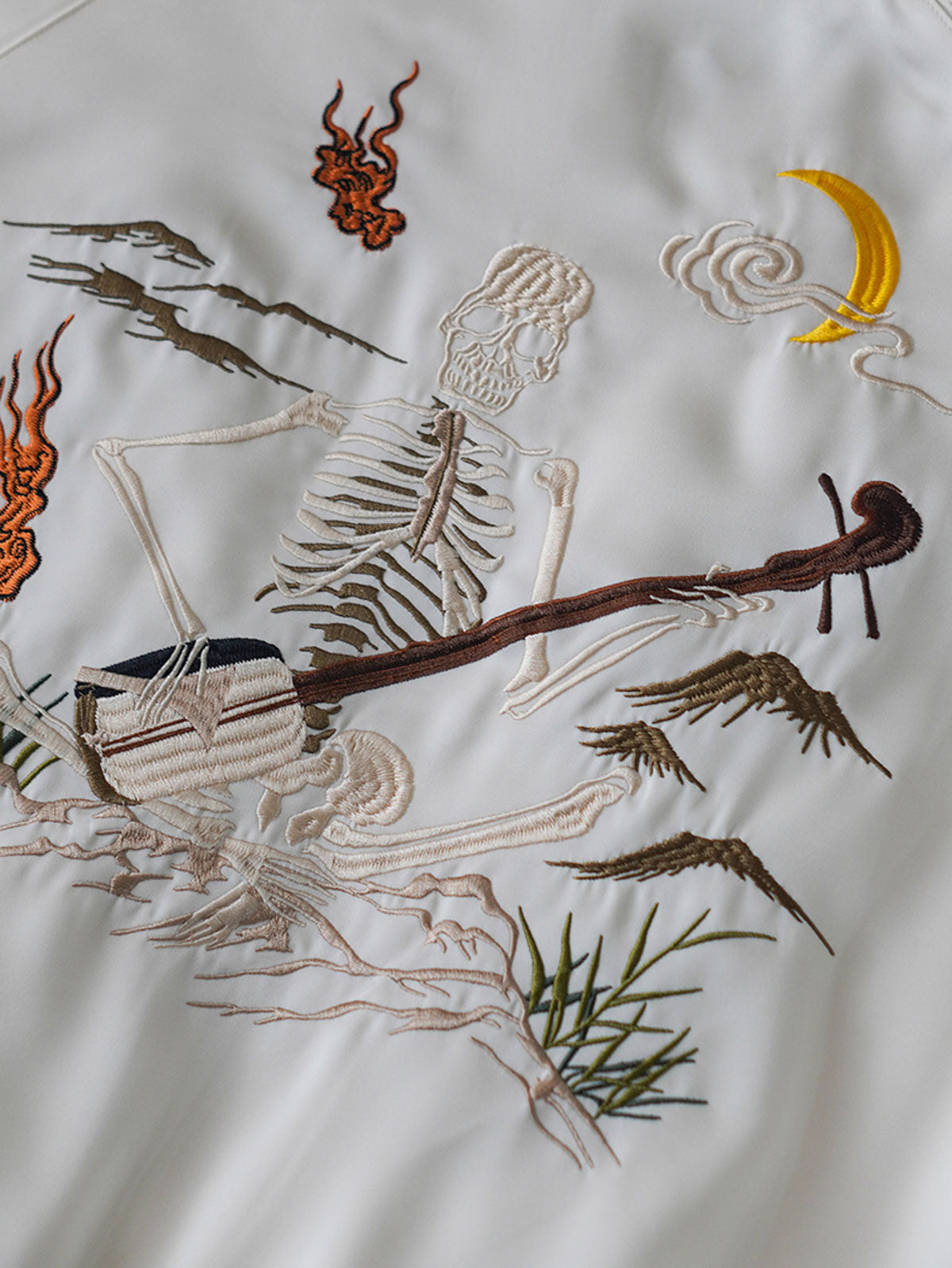  ジャケットのディテールショット、高級ポリエステル素材と美しい刺繍工芸を展示