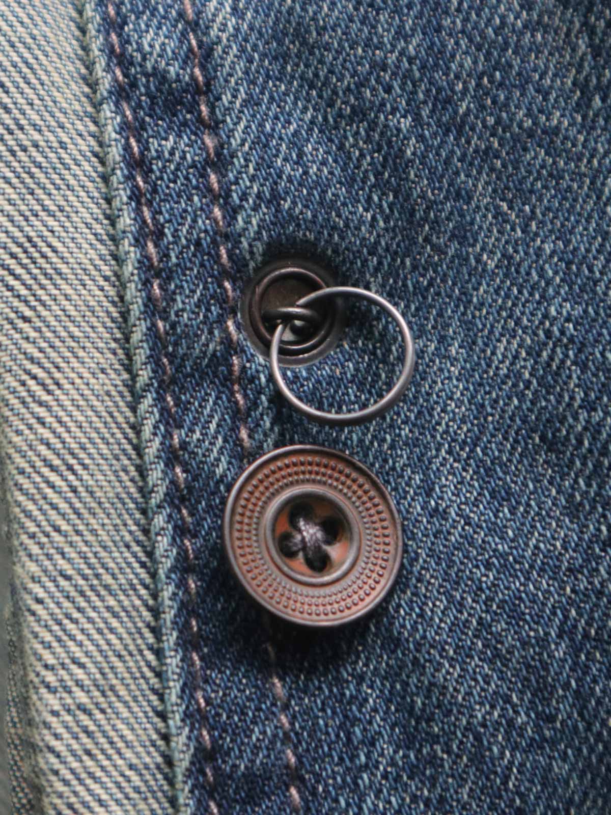  トレンチコートのディテールショット、大きな襟、ダブルブレスト、セルビッチデニムを展示