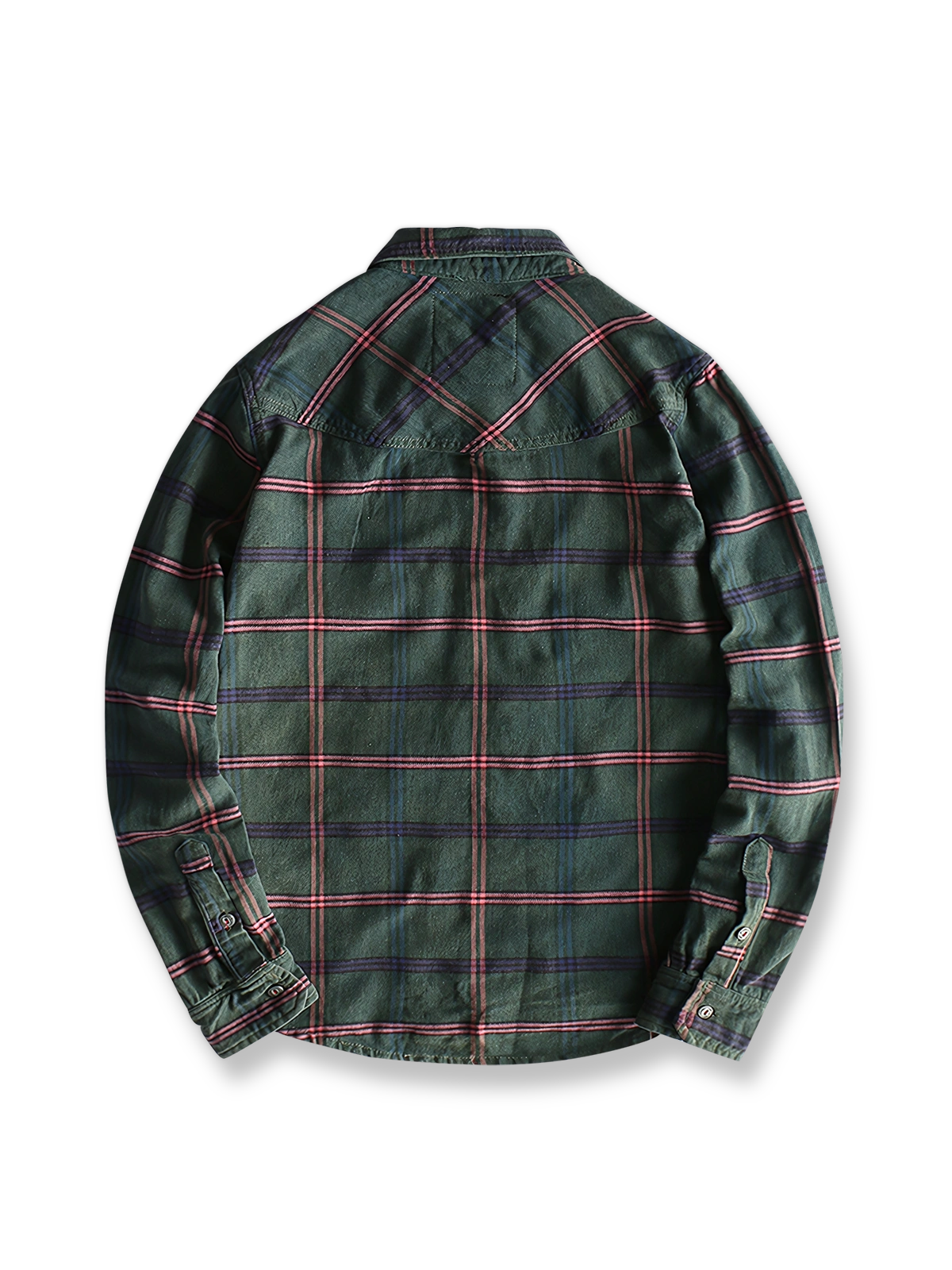 製品画像: クラシックなアメリカンヴィンテージワークスタイルチェックシャツの正面展示 詳細画像: 襟元と大きなポケットの詳細