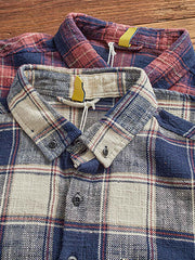 製品画像: アメリカンヴィンテージチェック柄長袖ワークシャツのフロント展示 詳細画像: チェック柄、襟、ポケットのディテール展示